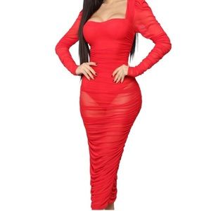 Fashion Nova Mesh with His Head Red Ruched Bodysuit Lined Semi-Sheer Dress S NWT